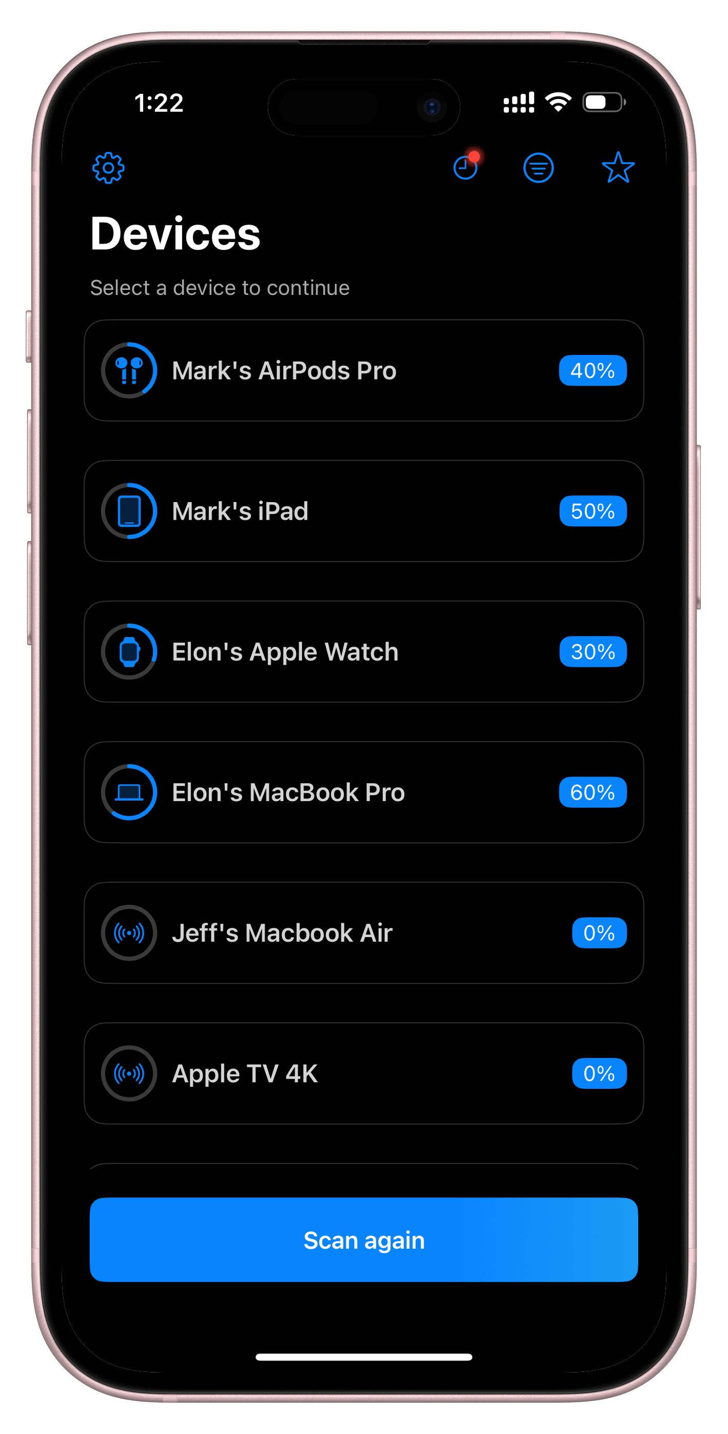 Device Finder screenshot: List of nearby devices sorted by distance