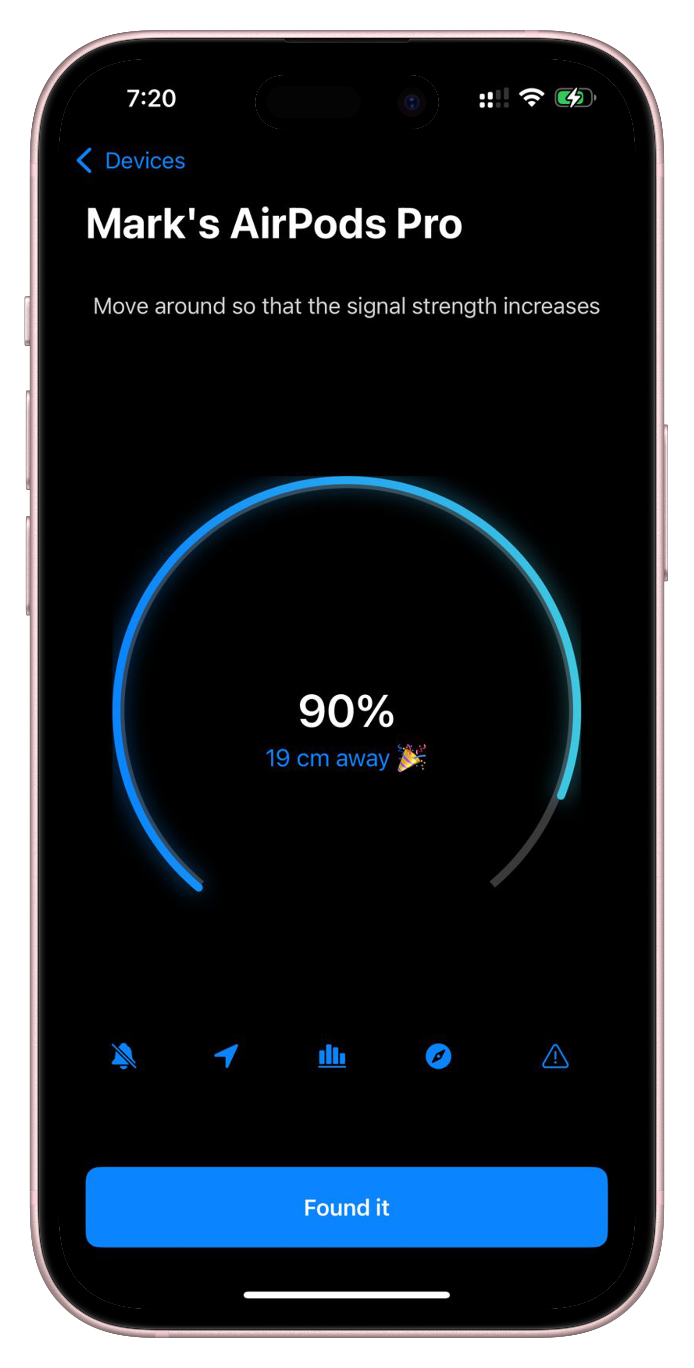 Device Finder screenshot: Radar and distance score guiding you to a device