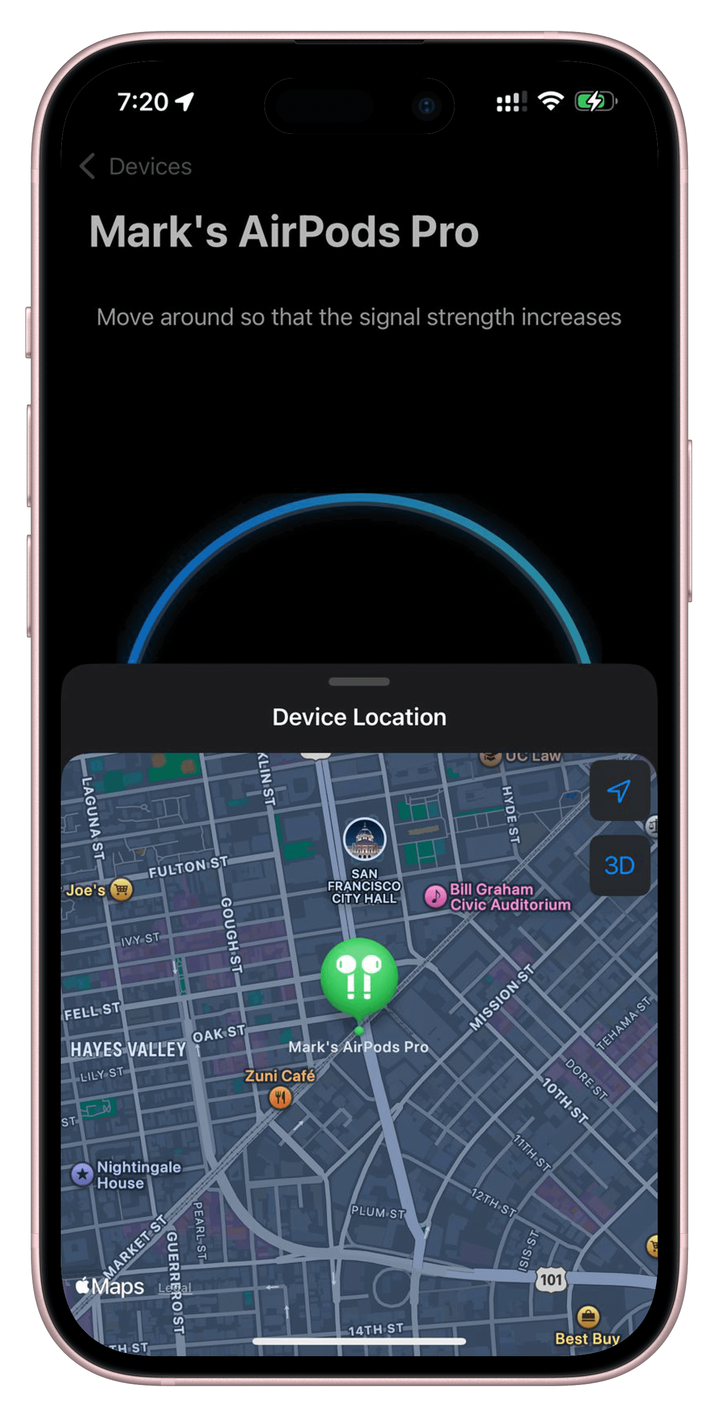 Device Finder screenshot: Last known location on the map