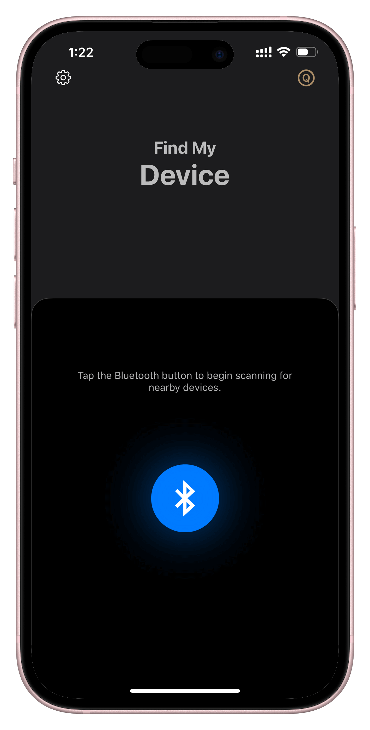 Device Finder app welcome screen on iPhone